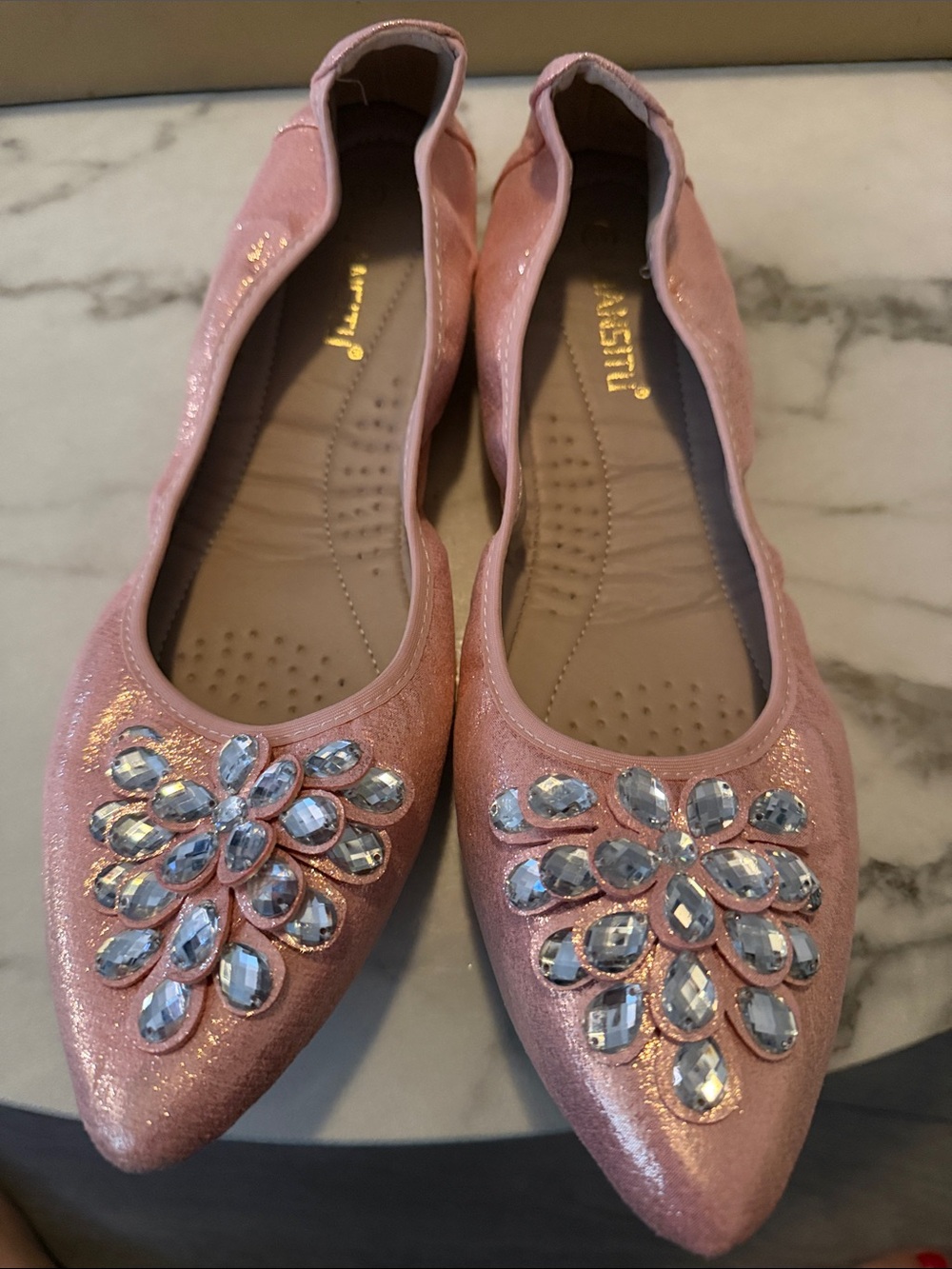 Amazon Pink Pointed-Toe Jeweled Ballet Flats